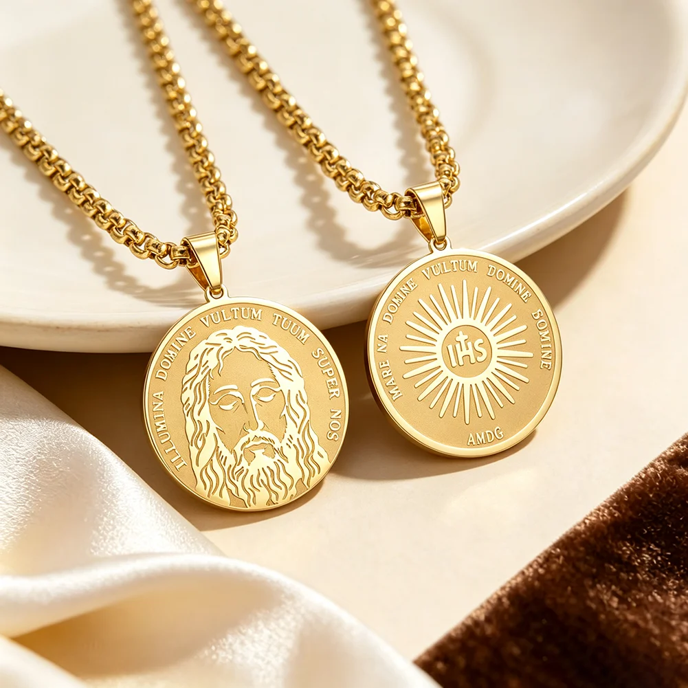 Holy Face of Jesus Round Pendant Necklace Double Sided IHS AMDG Latin Inscription Medallion Christian Religious Amulet Jewelry