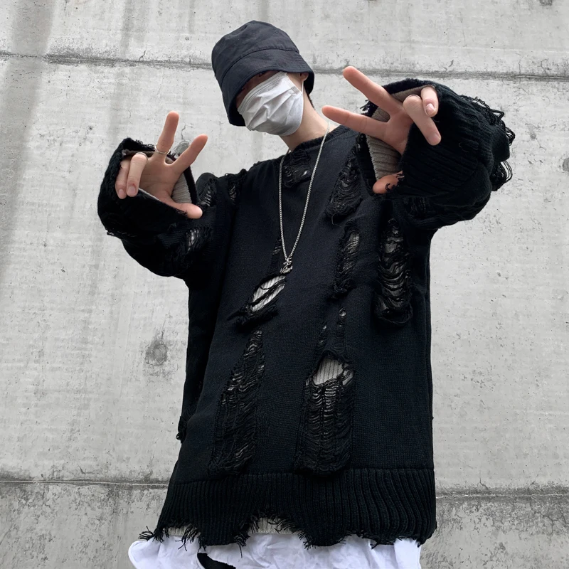 

Мужской вязаный свитер Heavy Du с вырезом и дырками, искусственный комплект из двух предметов осень-зима для больших размеров 300 Pou