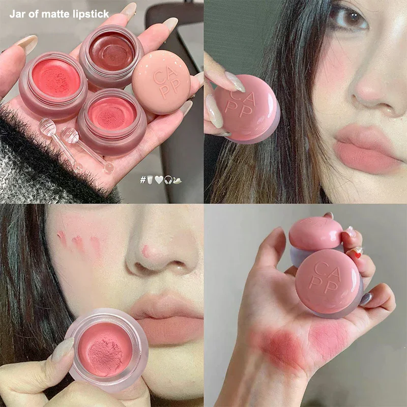 Cappuvini Canned Lip Mud Mist Lipstick Moisturizing Velvet Matte Mousse Solid Lip Gloss Cheek Blush Cream Tint Lips Cosmetic