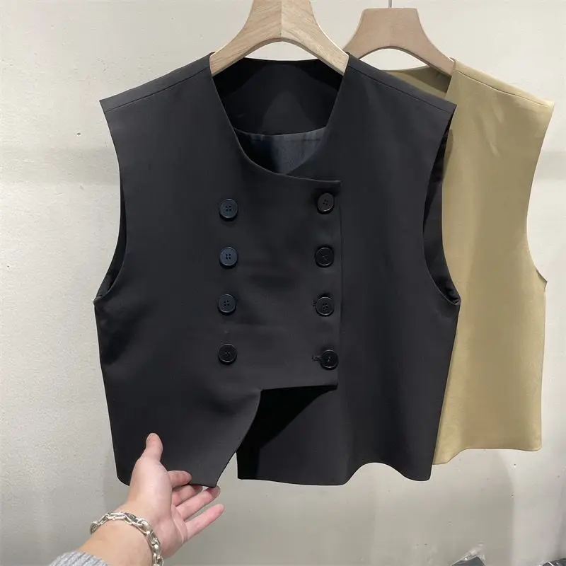 Vests Women Double Breasted Vintage Spring Office Lady Leisure Cropped Outwear Sleeveless Charming Popular Irregular All-match