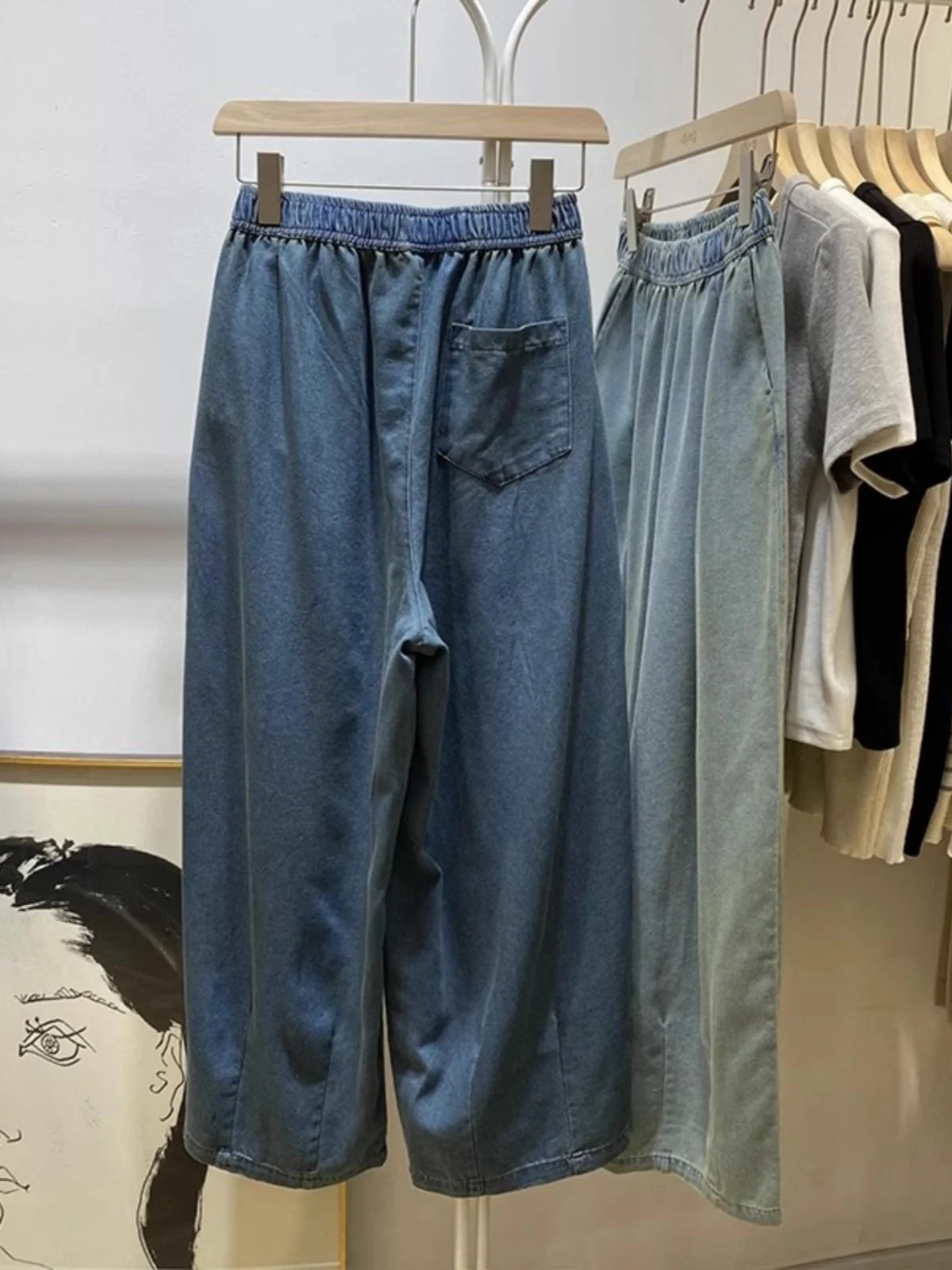 High Waist Faded Wide Leg Elastic Waist Denim Jeans Women\'s Summer Thin Nine Point Pants Casual Stylish Ladies Jeans