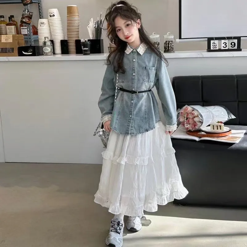 

Комплект для девочек на весну и осень: новая модель, корейский стиль, джинсовая рубашка + юбка-кейк, комплект из двух предметов