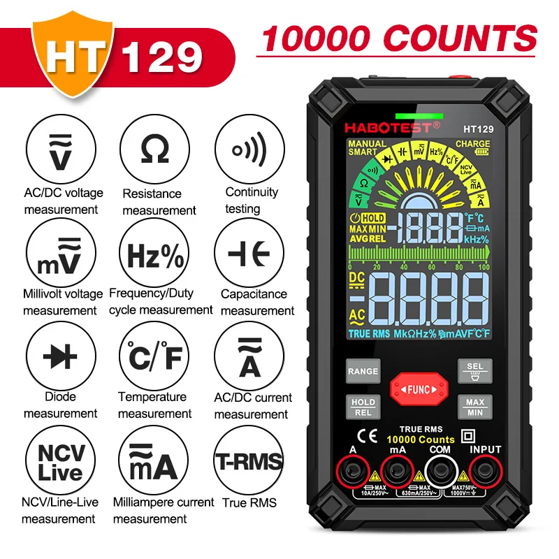 

HT129 Color Screen Digital Multimeter Rechargeable 10000 Counts Fuse Protection AC/DC Voltage Current Temp Capacitance Ohm Test