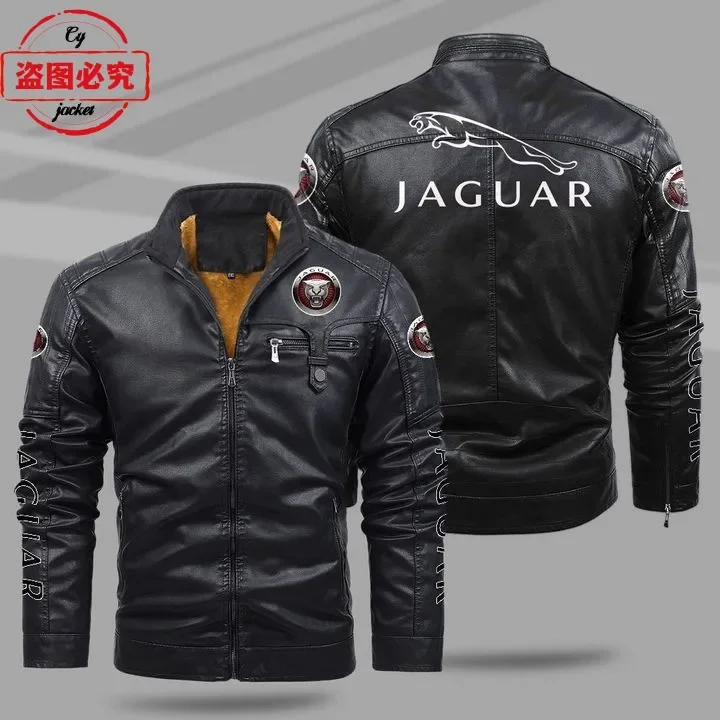 Jaguar car LOGO jacket windproof winter velvet warm men's pu leather solid color jacket Jaguar team uniform