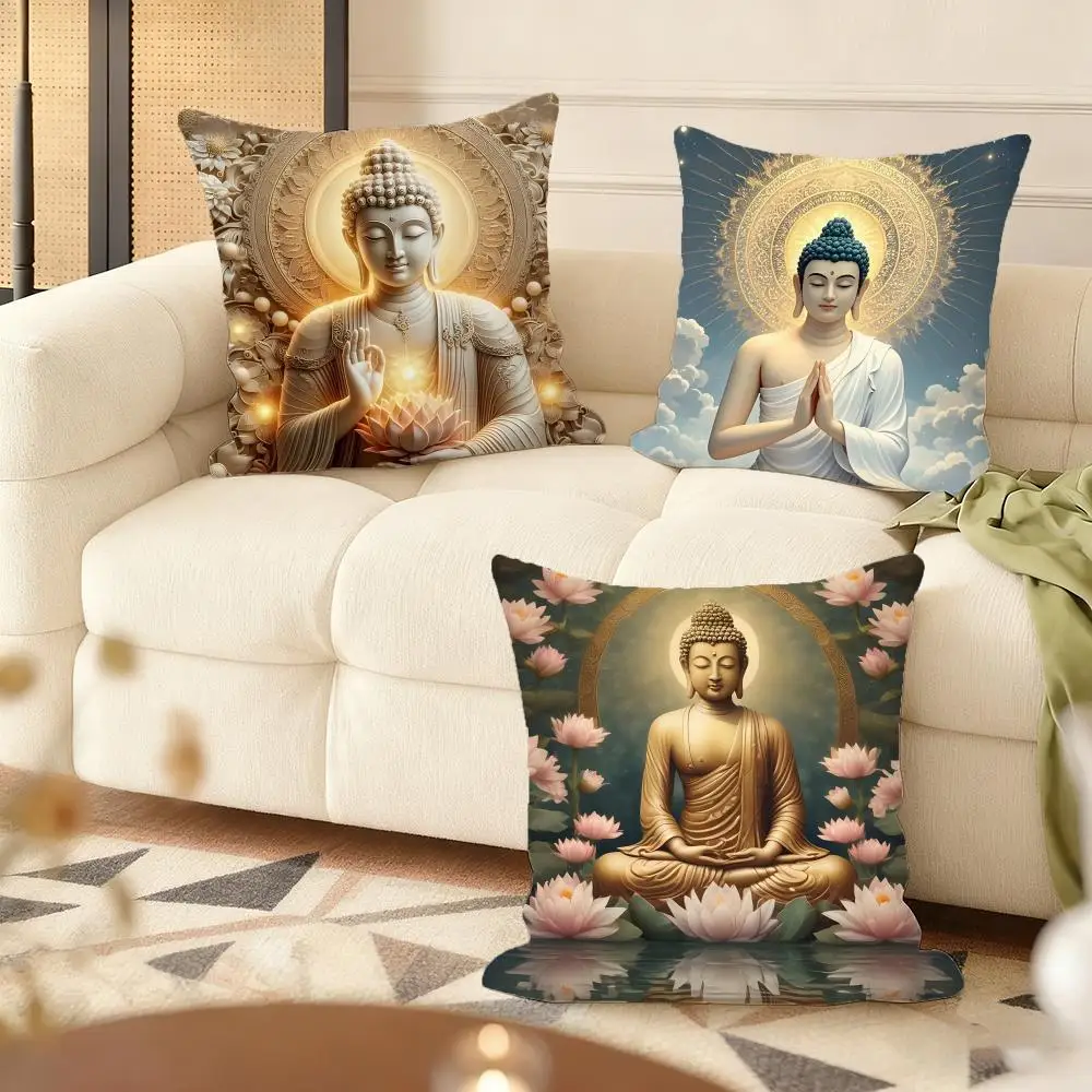 Buddha Statue and Lotus Cushion Cover Soft Plush Throw Pillow Cover | Double-Sided Printed Cushion Case | Cozy Sofa & Home Decor