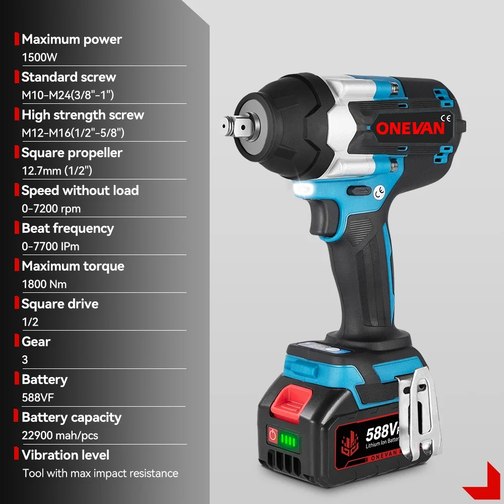 ONEVAN 1800N.M Torque Brushless Electric Impact Wrench Cordless Screwdrive Power Tool Lithium-Ion Battery For Makita 18V Battery