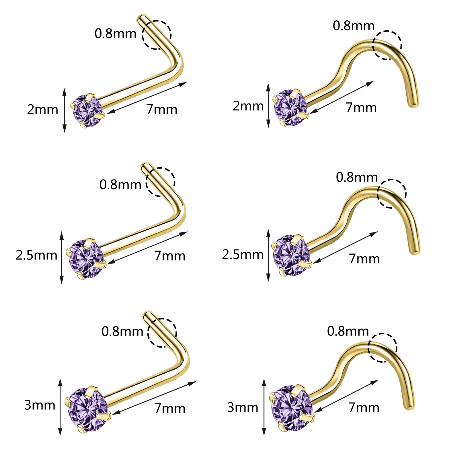 ZS 20G 1PC Gold Plated Nose Piercing Studs Stainless Steel Nostril Jewelry Colorful Zircon Nose Stud Ring Women Body Piercings