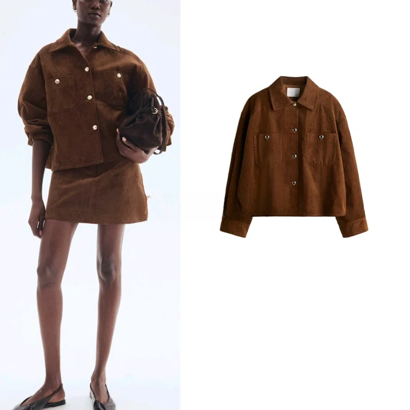 เสื้อโค้ทผ้าลูกฟูกทรงโอเวอร์ไซส์ แขนยาว คอปกสูง สำหรับผู้หญิง รุ่นใหม่ประจำฤดูใบไม้ร่วง สไตล์แฟชั่นลำลอง เหมาะสำหรับใส่ไปทำงาน