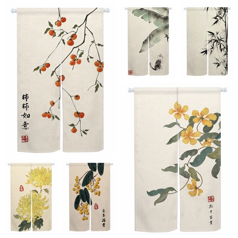 Traditional Chinese Style Noren Curtain Ink Painting Flower Print Split Half Door Curtain for Home Partition Decoration