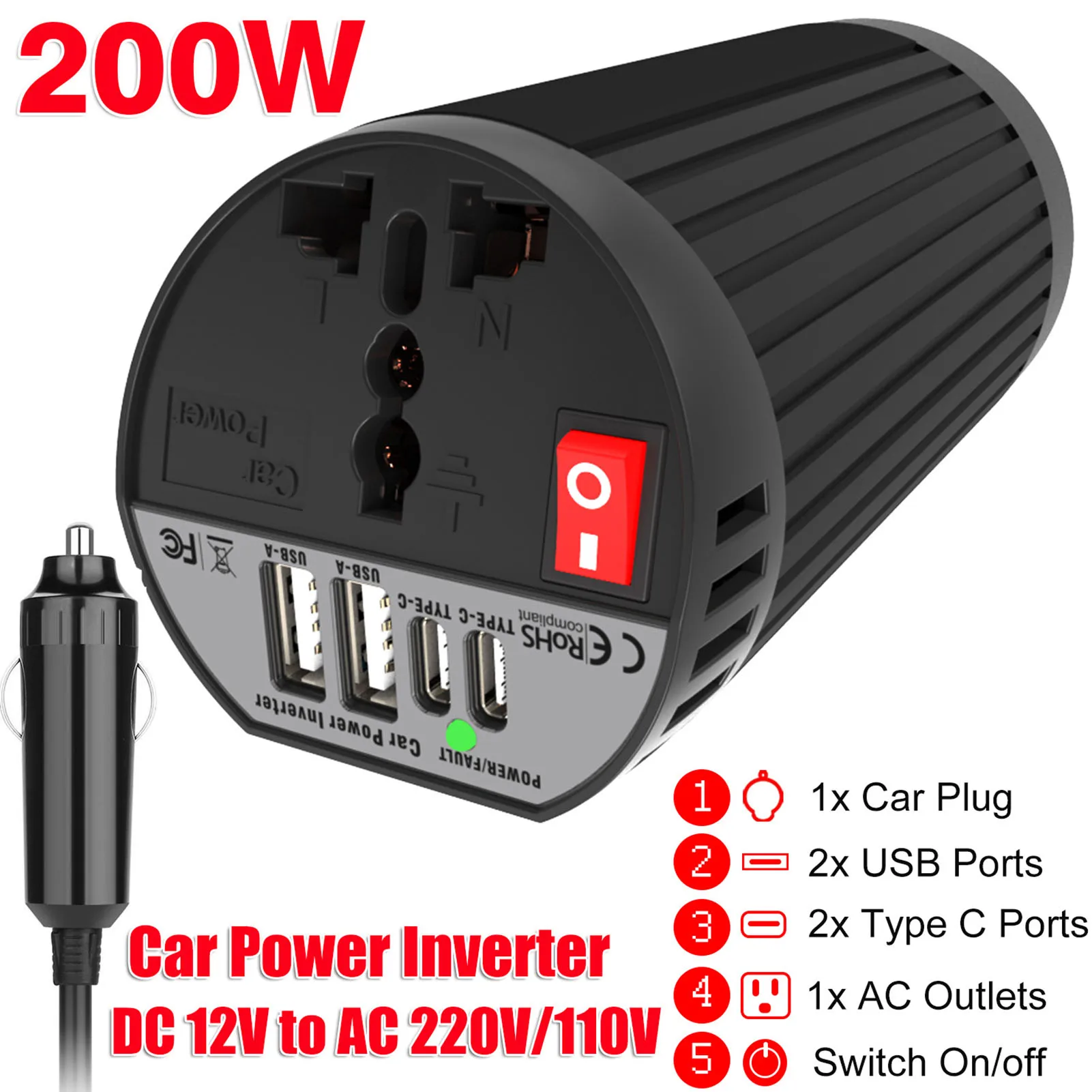 

Car Inverter 200W Car Inverter Car Inverter Direct Current 12V to AC 220V 200W with Cigar Socket PD 24W QC 24W Fast Charging