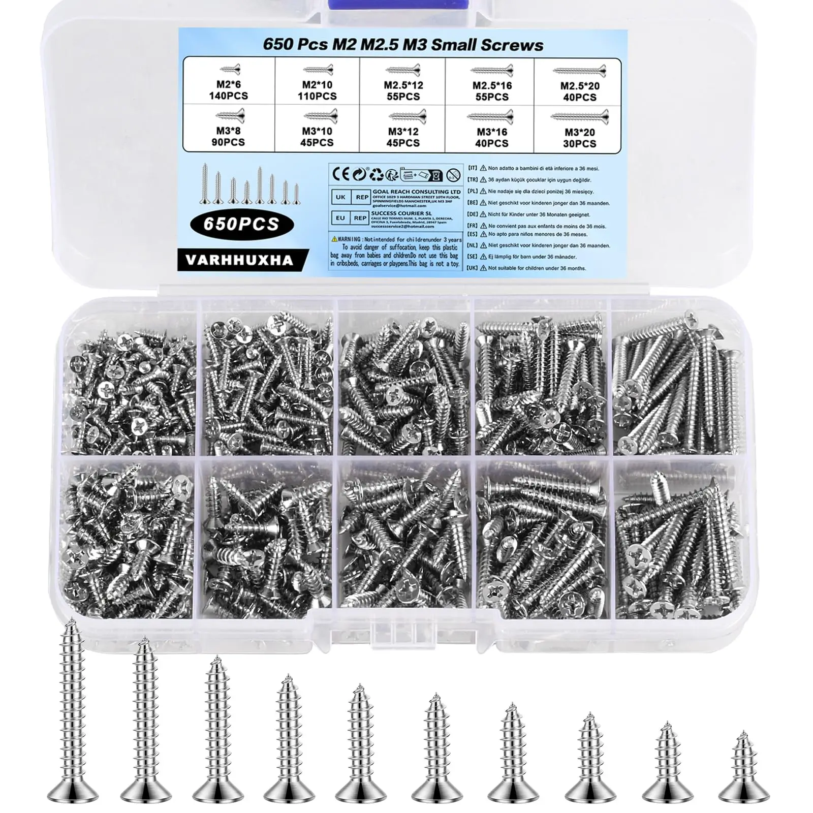 

Ассортимент саморезов M2/M2,5/M3, 650 шт. — винты по дереву с крестообразной/плоской головкой для ремонта своими руками