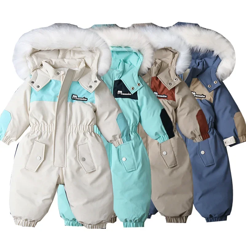 

European and American Style Hooded Romper Patchwork Fleece Baby Onesie 2024 Winter New Children's Clothing One Piece Ski Suits