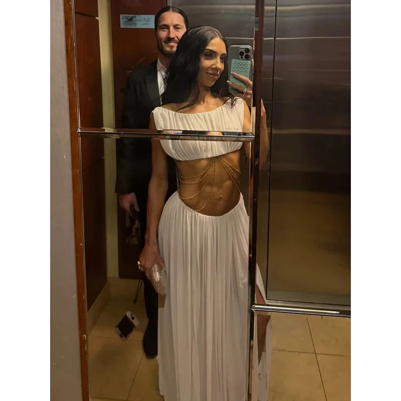 

BKQU Mesh Patchwork 2 Piece Set Woman Pearls Chain Decoration Backless Tank Tops+Ruched Long Skirts Prom Party Elegant Outfits