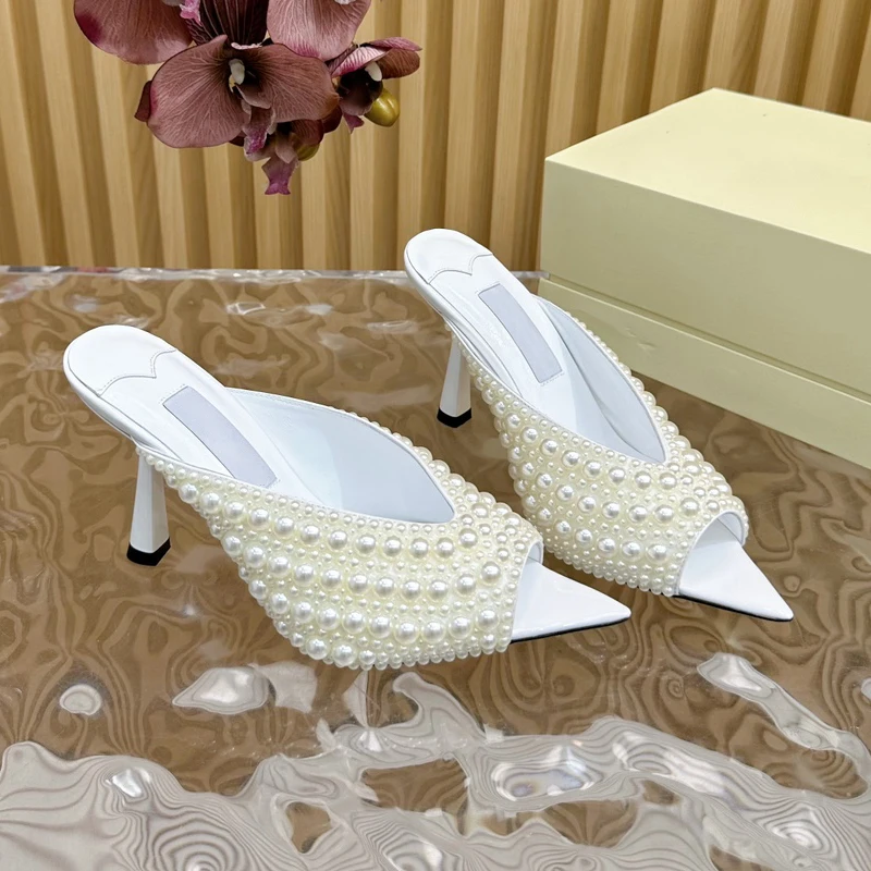 Full Pearl Decor Fairy Shoe Open Pointed Toe High Heel Wearing Slipper for Women Summer Sexy Slim Heel Party Banquet Sandal Shoe