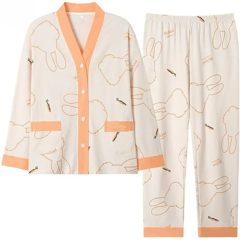 100% Cotton Pajamas Spring Autumn Women Long Sleeve Cardigan Simple Fashion Homewear Suit Female Large Size V-neck Sleepwear