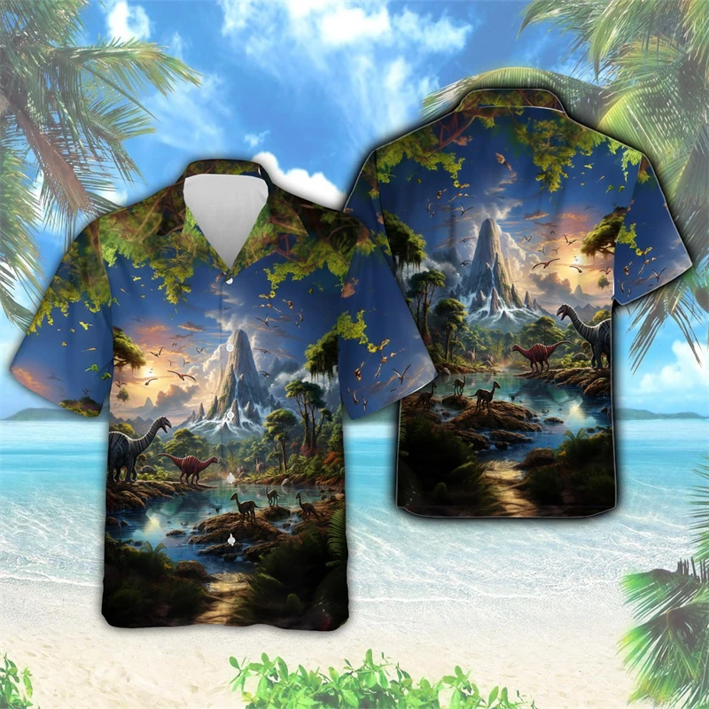 

Full Print Men's Dinosaur Pattern Hawaiian Shirts Blouse Summer Short Sleeve Button Lapel Party Aloha Shirt Men's Beach Shirt