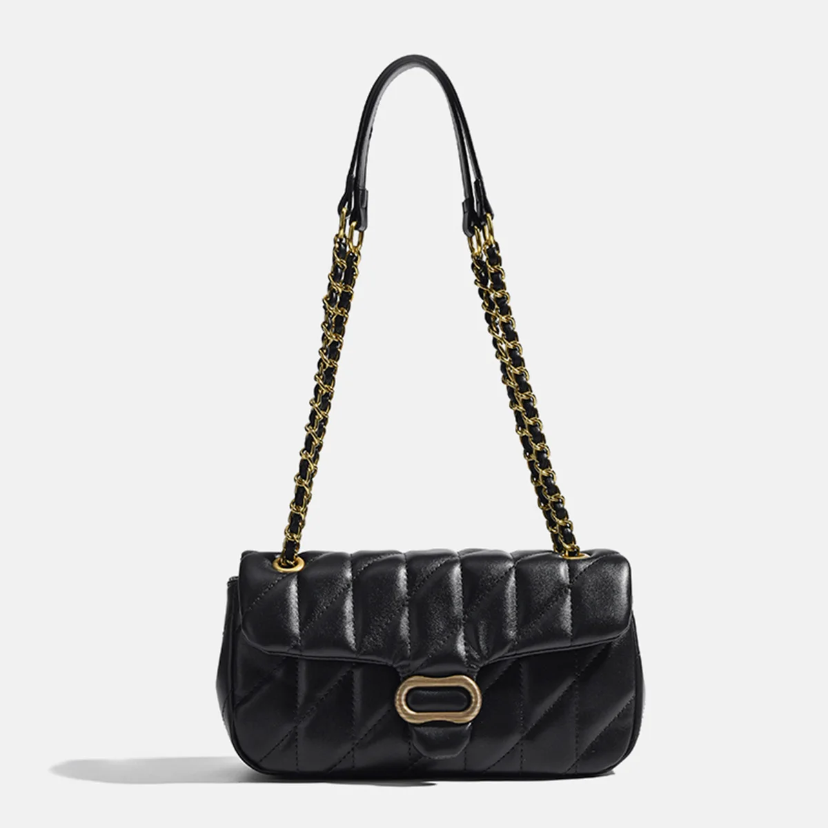 

Quilted Shoulder Bag Diamond Pattern Circle Logo Chain Strap Lightweight Large Capacity PU Water Resistant Magnetic Snap