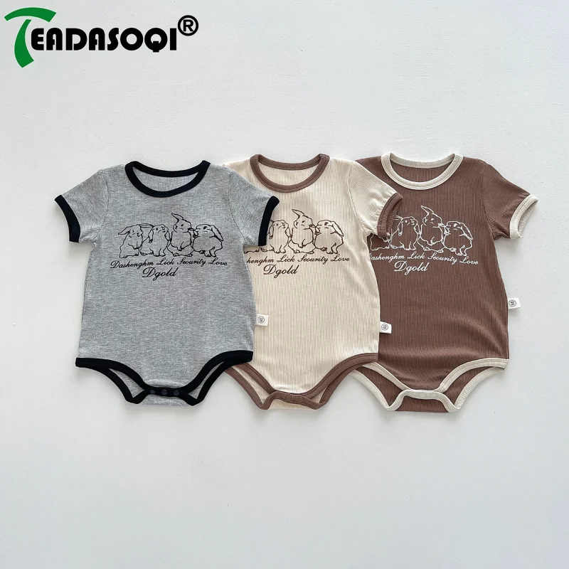 

2024 Summer Jumpsuits Newborn Baby Boys Girls Cartoon Print Bodysuits-Short Sleeves Outdoor Activities Todder Kids Rompers 0-2Y