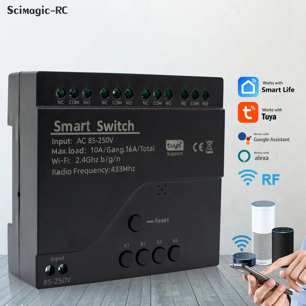 Tuya WIFI 4 Channel Smart Switch and 433 RF Control Momentary Toggle Interlock Mode 85-250V 16A 4CH Relay Work With Alexa