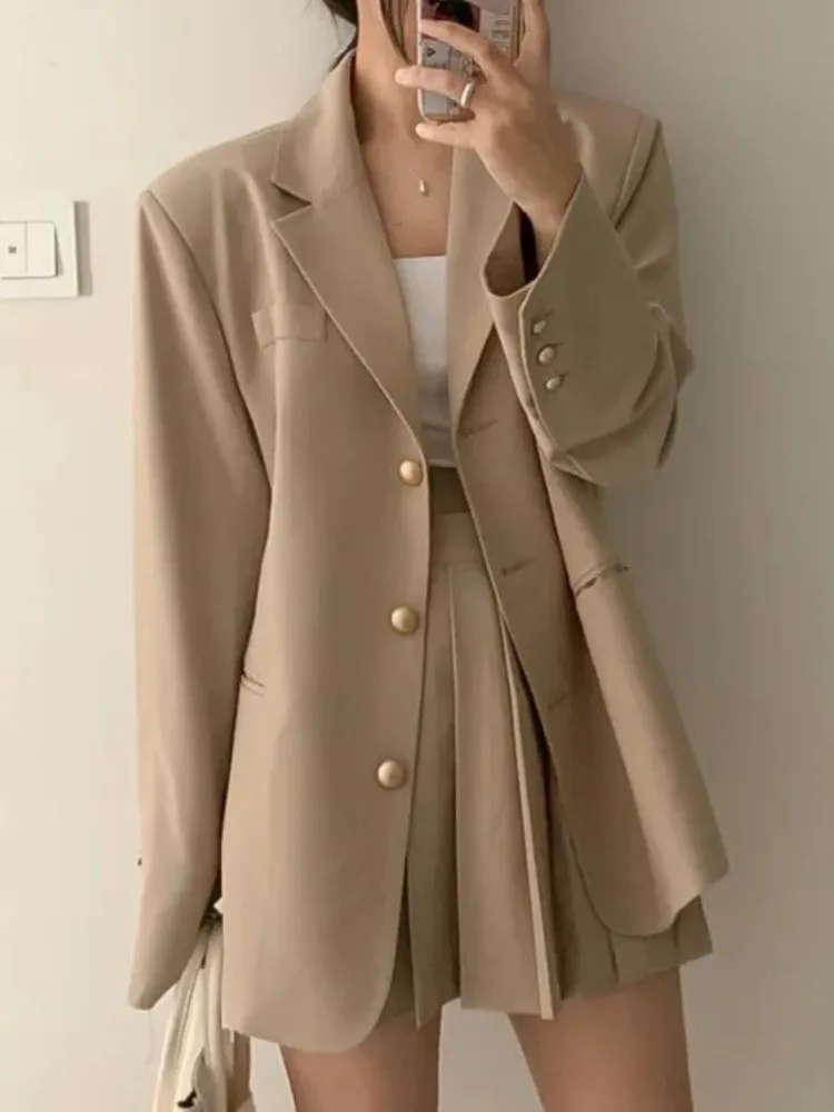 Elegant and Chic Women Casual Blazer Skirts Suit Vintage Loose Jackets Coat Pleated Saya Outfits Female Party Clothes Two Pieces