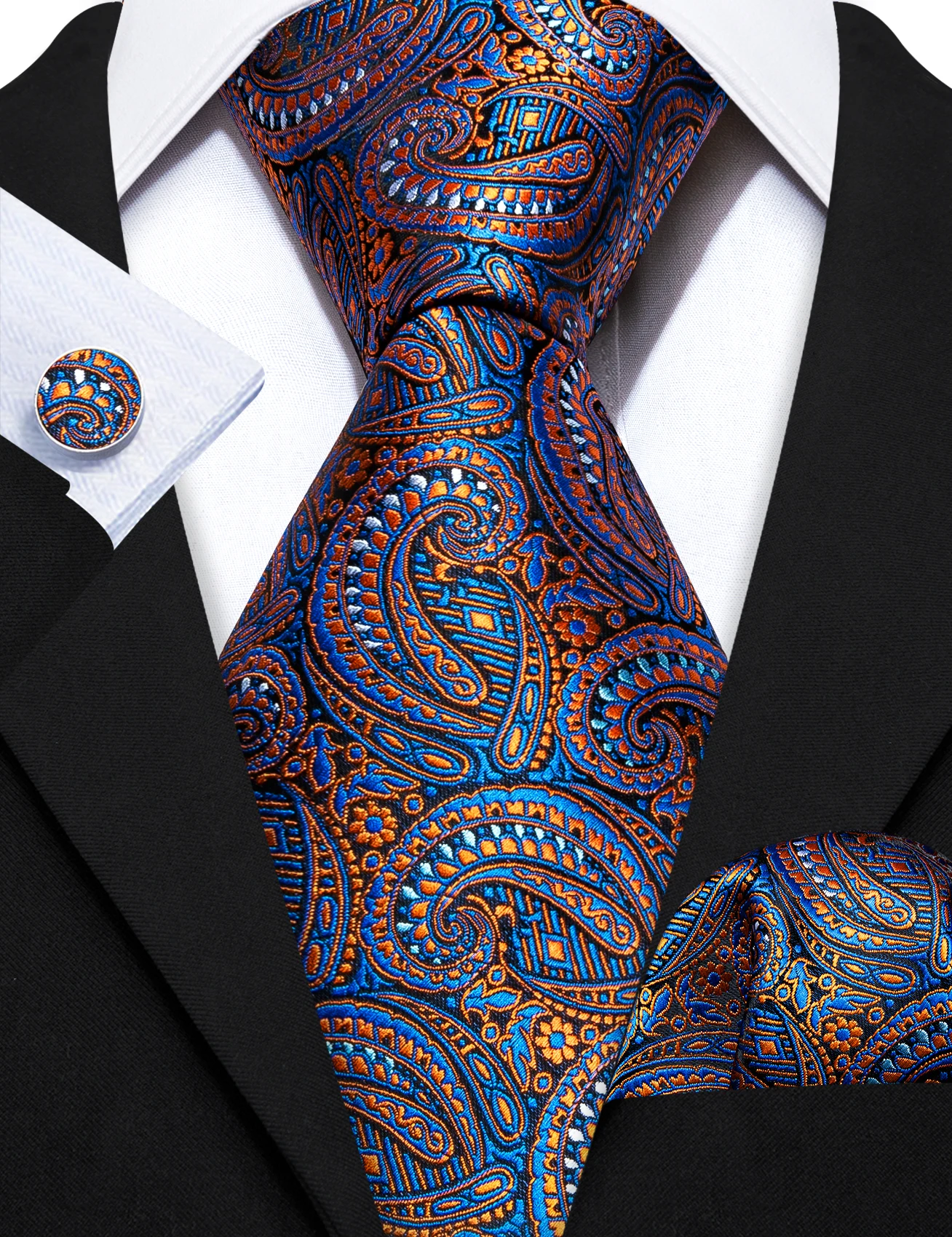 Fashion Blue Paisley Men Silk Necktie Brooches Men Tie Handkerchief Cufflinks Sets Men Gift Barry.Wang Designer