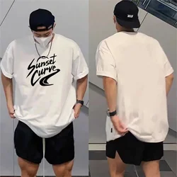 Summer New Men's Sunset Curve Letter Printed T-shirt Round Neck European Cotton Short Sleeve Casual Fashion Men's T-shirt