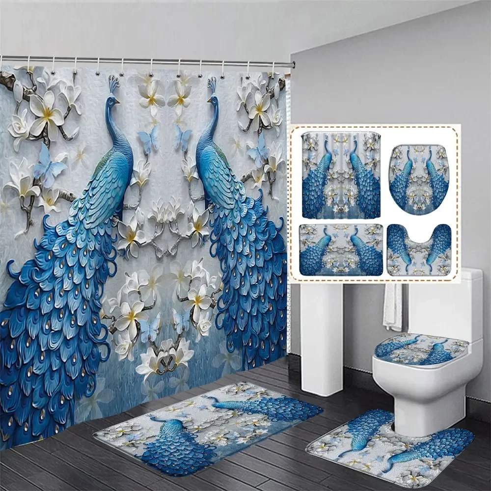 Peacock Bathroom Set With Shower Curtain and Rug Chinese Bird Feather Home Decor Curtain Non-slip Rug Toilet Seat Bathroom Decor