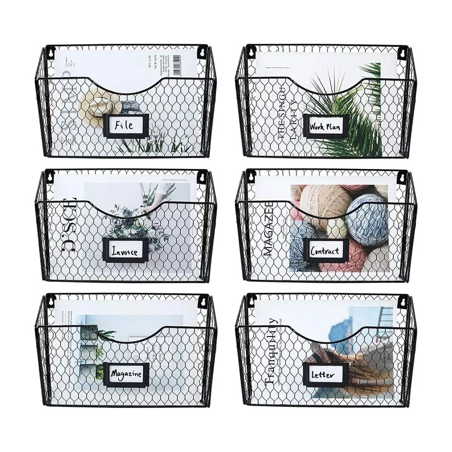 

6 Pockets Hanging File Holder Wall Mount Mail Organizer Metal Chicken Wire Magazine Rack with Tag Slot, Black