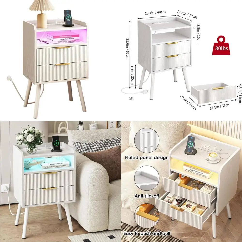 Modern LED Nightstand with Charging, 2 Drawers, White Fluted Design, 15.7x11.8x25.6