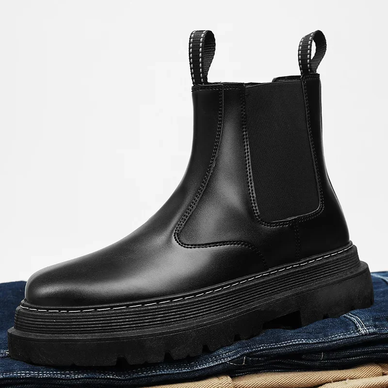 

Men's Chelsea Boots New Black Leather Mans Boot Shoes Thick Bottom Dress Working Fashion Personality Shoes for Men New Arrival