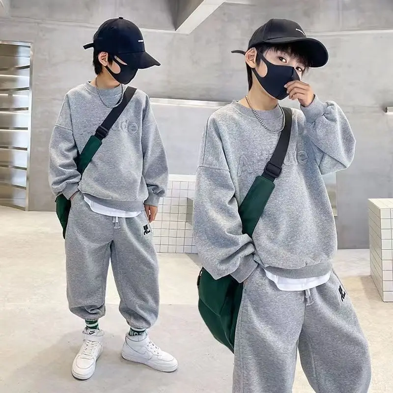 

Kids Spring Autumn 5-14Yrs Suit Boy Embossed Alphabet Sweatshirt+Sweatpant Set School Tracksuit Child Work Outfit Student Jogger