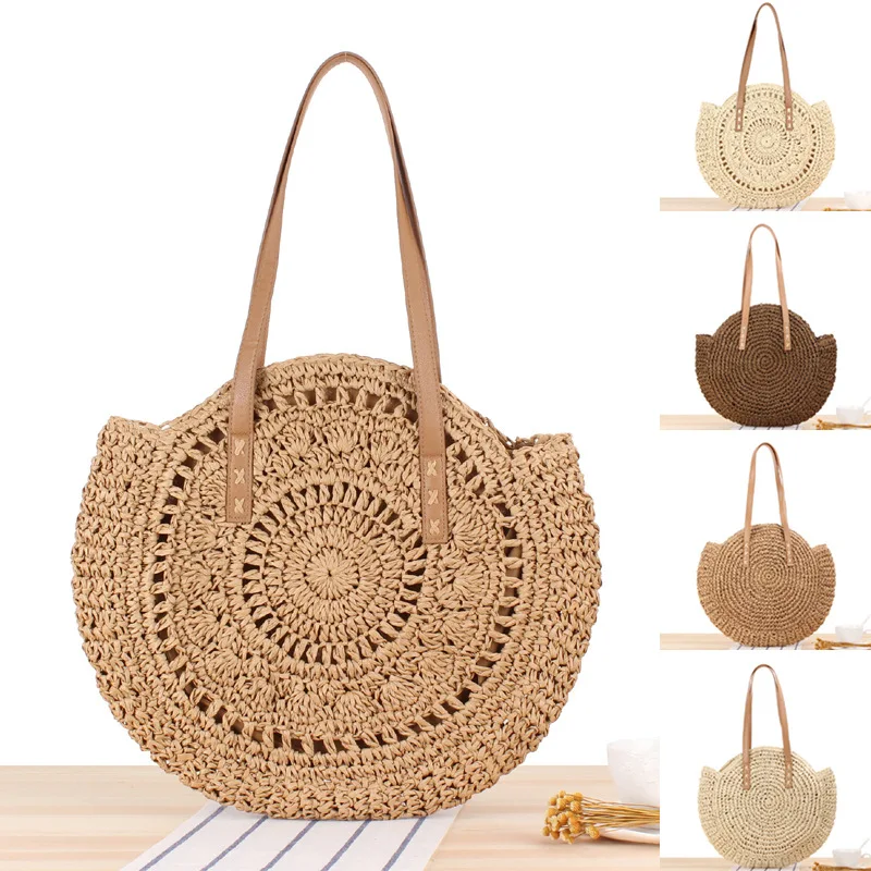 

Beach Tote Straw Bag Woven Handbag Large Capacity Round Rattan Shoulder Bag