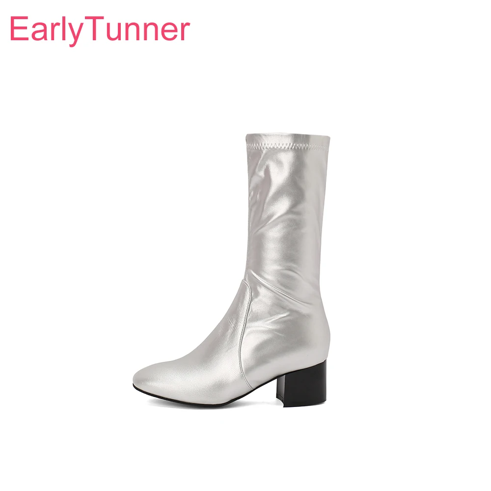 2026 Winter Fashion Women Mid Calf Boots Round Toe High Block Heels Lady Daily Shoes Large Small Size 13 33 47 50 Non-slip