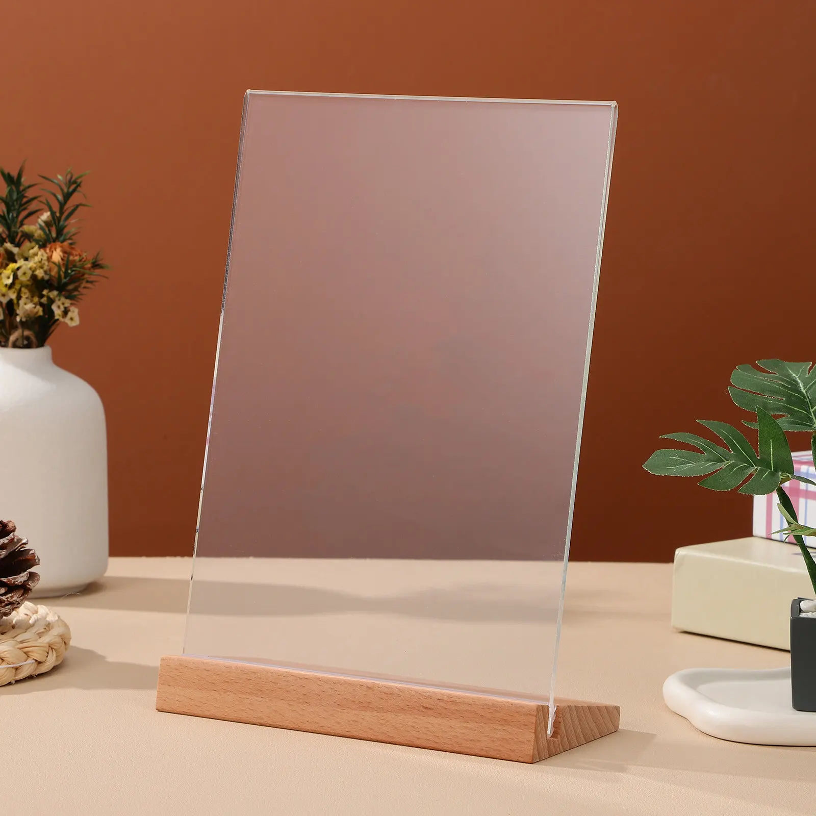 2Pcs Acrylic L Shaped Sign Holders Clear Slanted Display Stand Wood Base Tabletop Sign Holders for Menus Brochures Advertising
