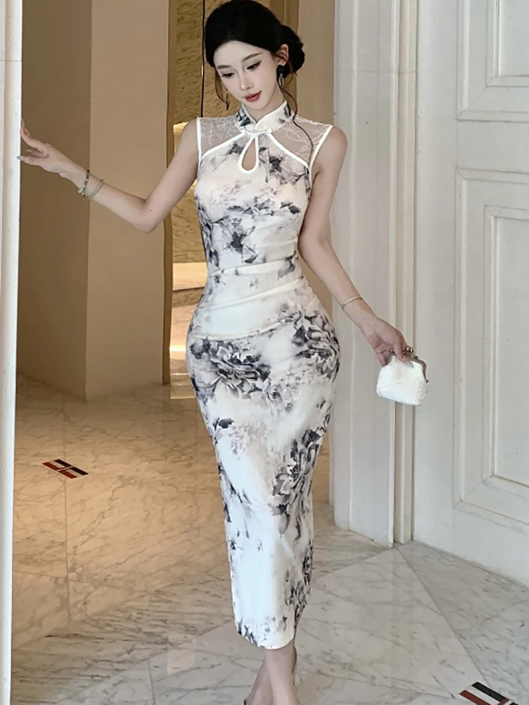 

Summer White Floral Patchwork Lace Hollow Out Stand Collar Dress Women Elegant Casual Home Dress 2025 Korean Bodycon Party Dress