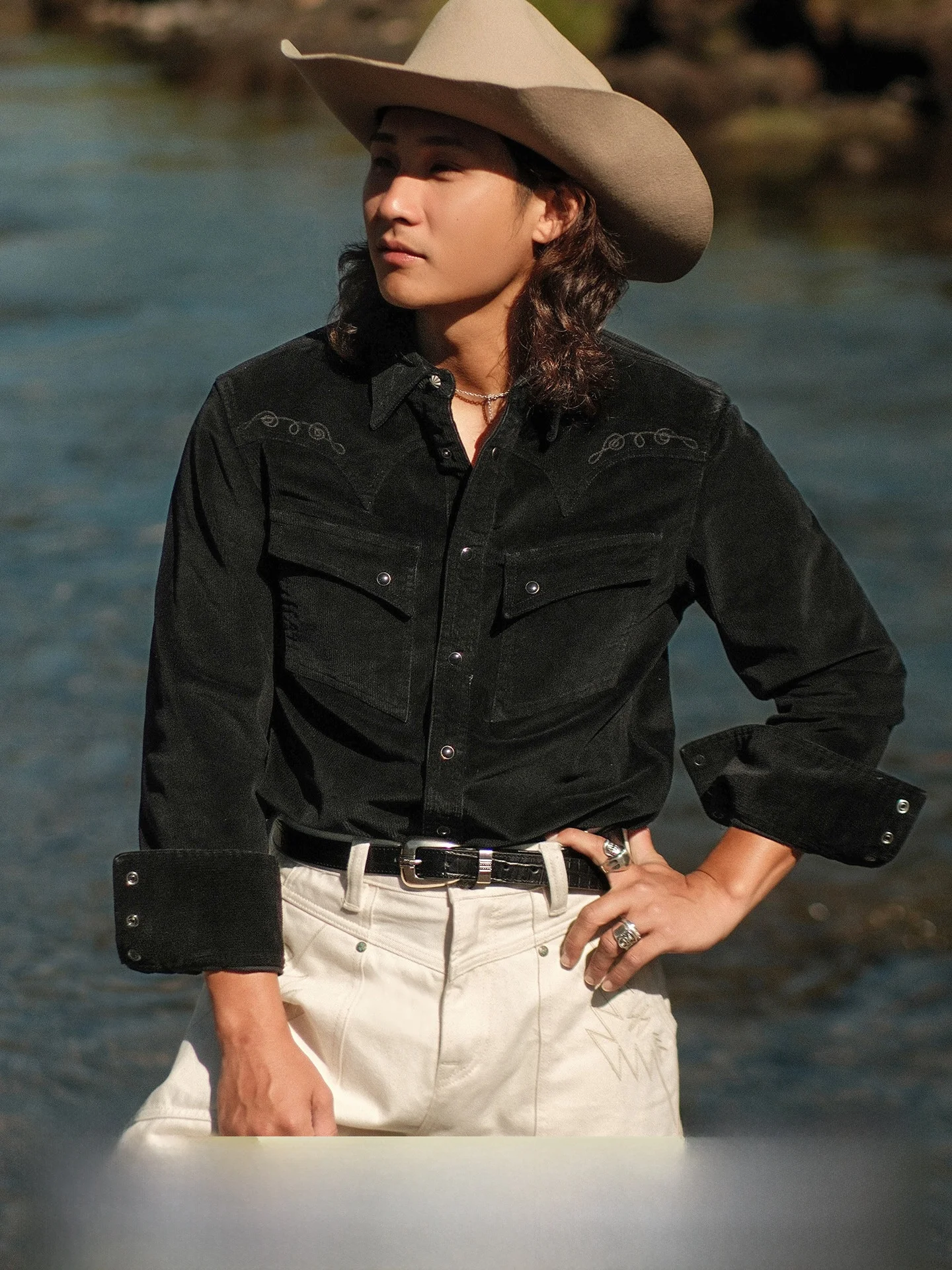 

Waed Corduroy Western irt Embroidered Basic Sle Narrow Width Cotton Polyester Blend Long Sve Vintage Retro Design