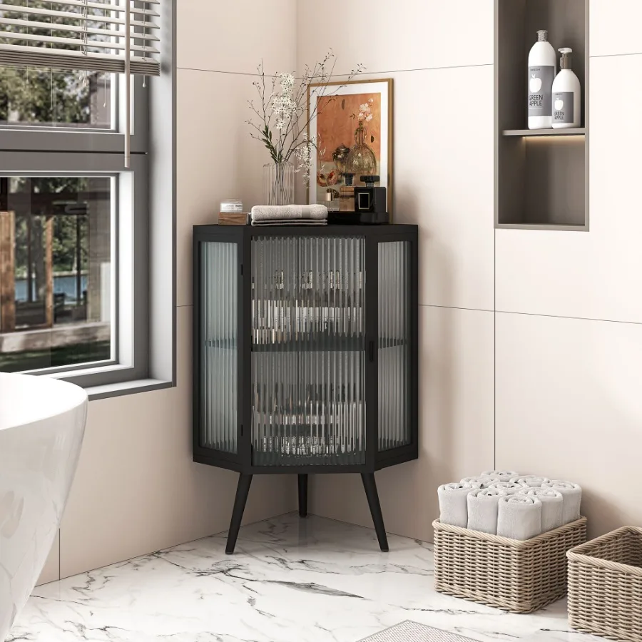 

22.25 Floor Coner Cabinet with Tempered Glass Door Storage Shelves for Bathroom Living Room Bedroom Black