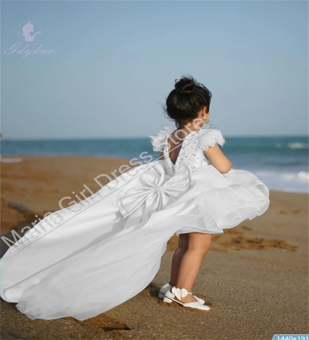 

First Communion Girl Dress White Fluffy Ruffles Bow Sequins Cute Kids Birthday Christening Pageant Speech Contest Prom Dress