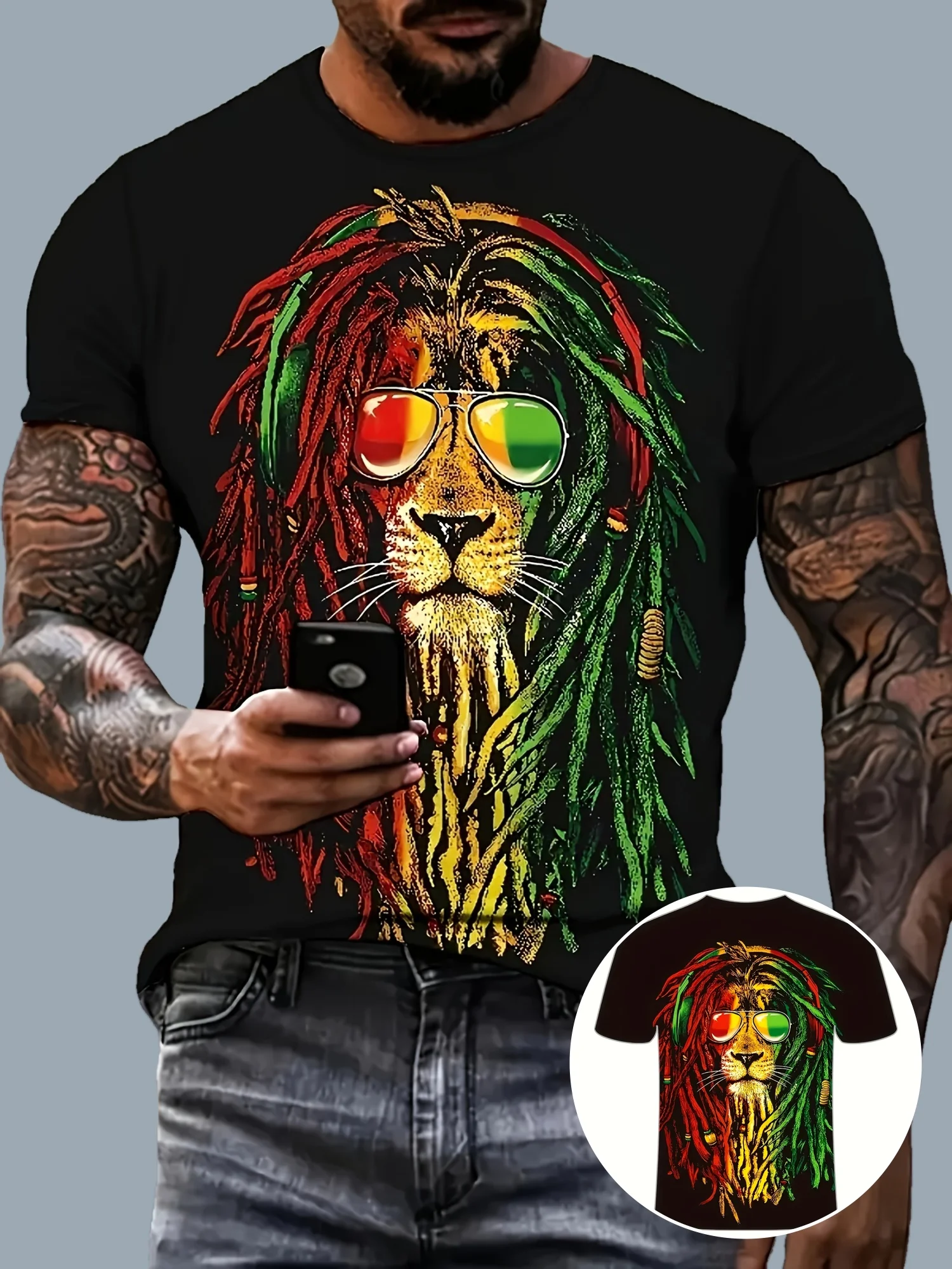 Men's Reggae Lion Print T-Shirt Rasta Color Dreadlock Sunglasses Crew Neck Short Sleeve Streetwear Top