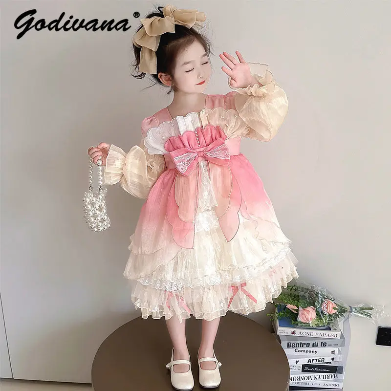 Baby Girls Sweet Lolita Princess Dress Autumn 2026 New Children's Tulle Long Puff Sleeve Bow Ruffle Birthday Party Ball Gown