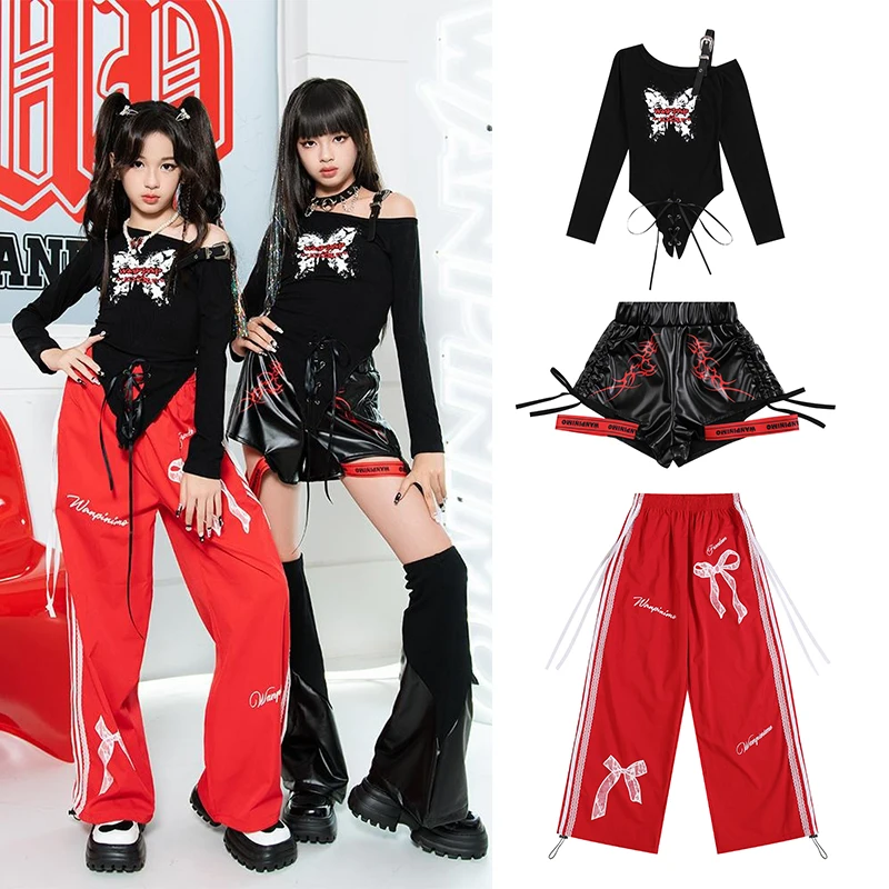 

Girls K-Pop Jazz Stage Outfit Kid Hip Hop Dance Costume Fashion Show Stage Clothes Street Set Black Tops Shorts Red Pants XH1220