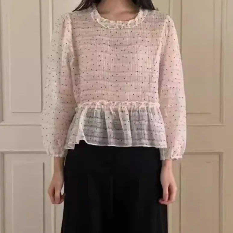 レディース シャツ 春秋 東大門 新スタイル 多用途 優しい シースルー 水玉模様 レーストリム トップス バブルスリーブ 薄手