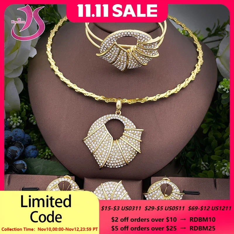 

Hight Quality Zircon Jewelry Set Nigeria Gold Color Big Jewellery Design Large Pendant Necklace Earring For Women Wedding Gift
