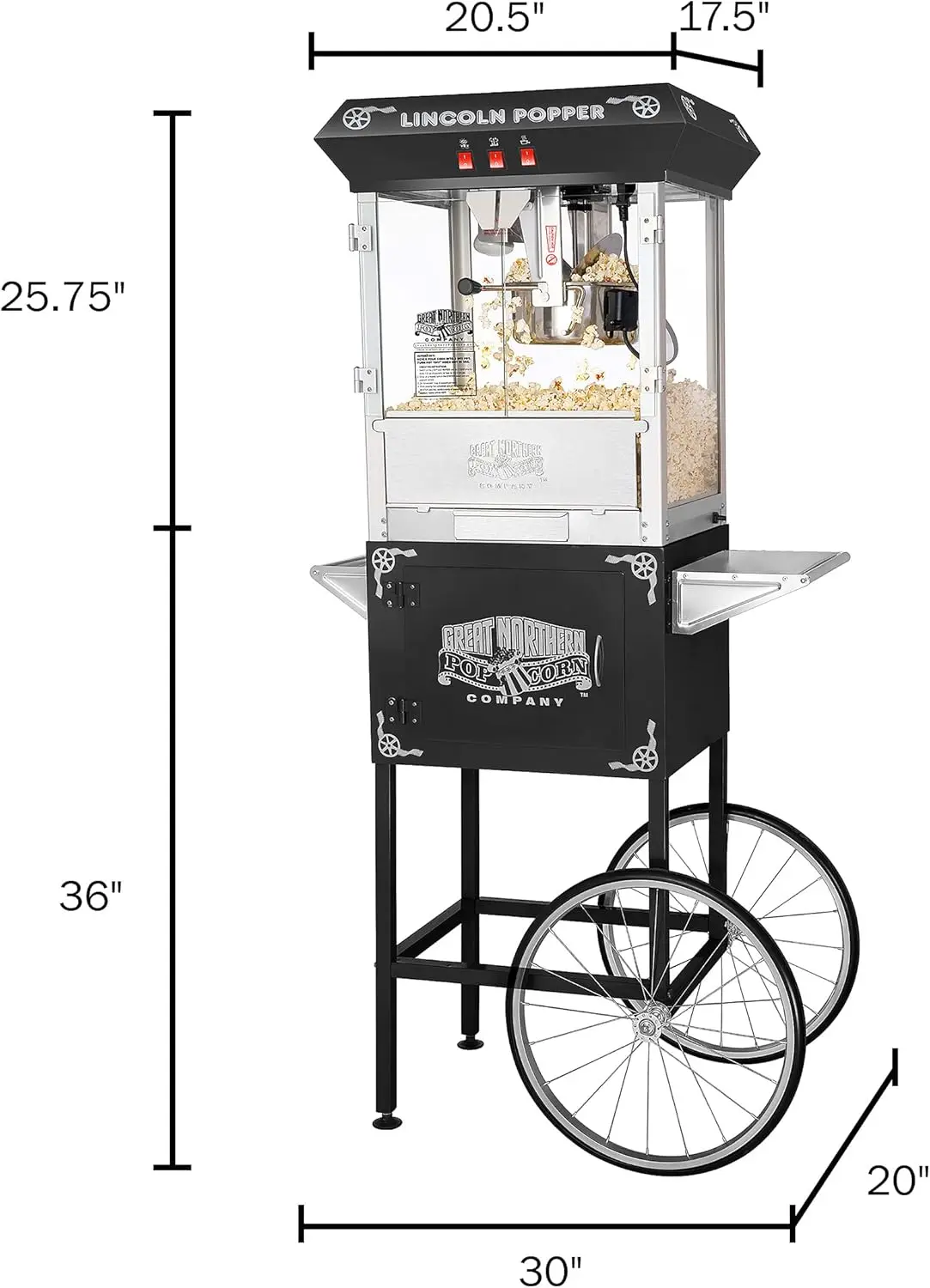 Lincoln Popcorn Machine with Cart - 8oz Popper with Stainless-Steel Kettle, Warming Light, and Accessories by Great Northern Pop