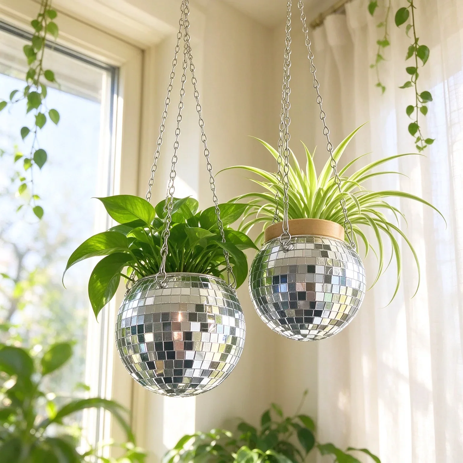 Mirror Disco Ball Hanging Planter with Wood Ring Chain, Flower Pot for Indoor Plants, Boho Wall Decor, Unique Gift for Women