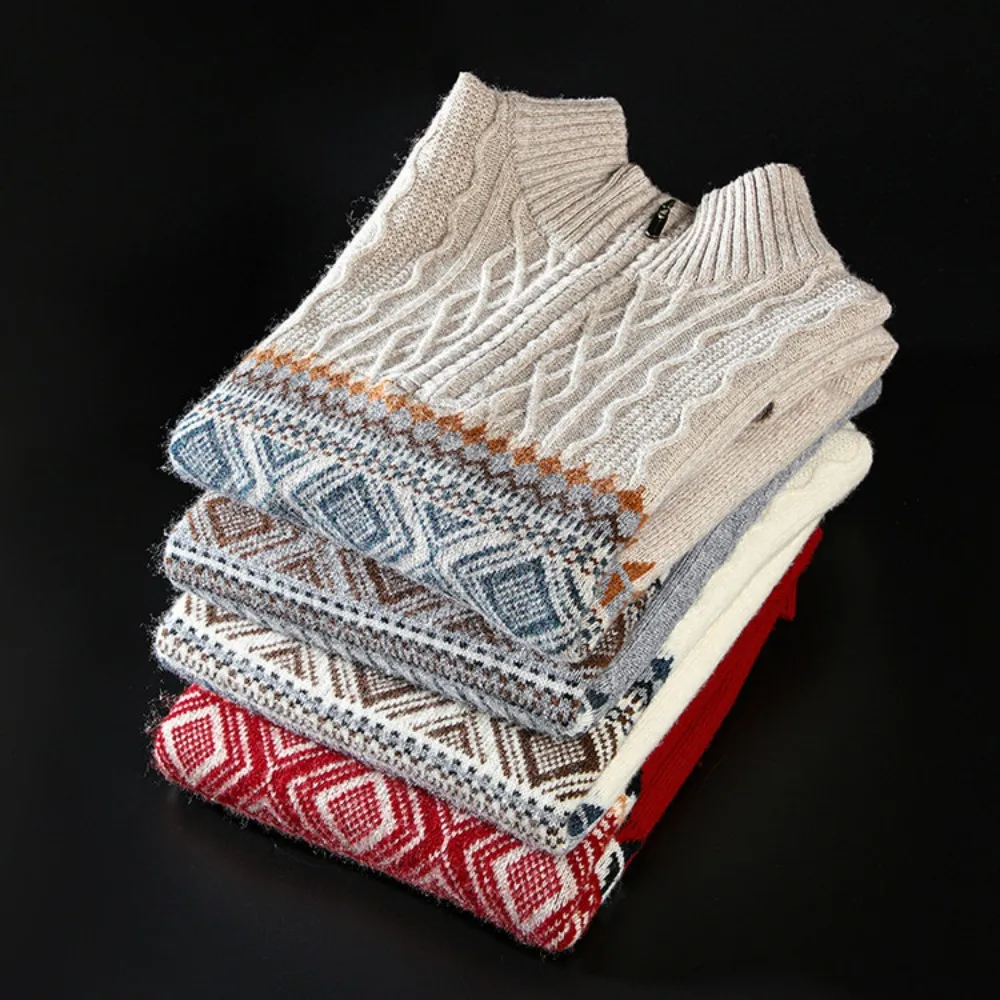 100% Pure Wool High Quality Sweater  Long-Sleeve Wool Sweater Knitted  Zip Collar Pullover Tops