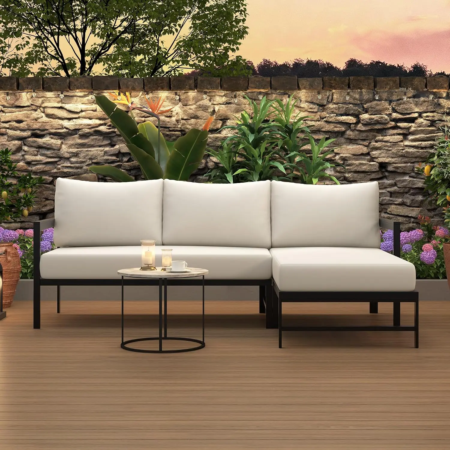 Outdoor L Shaped Sectional Sofa Ultra Thick Cushions All Weather Patio Conversation Set Iron Frame Balcony Garden Beige