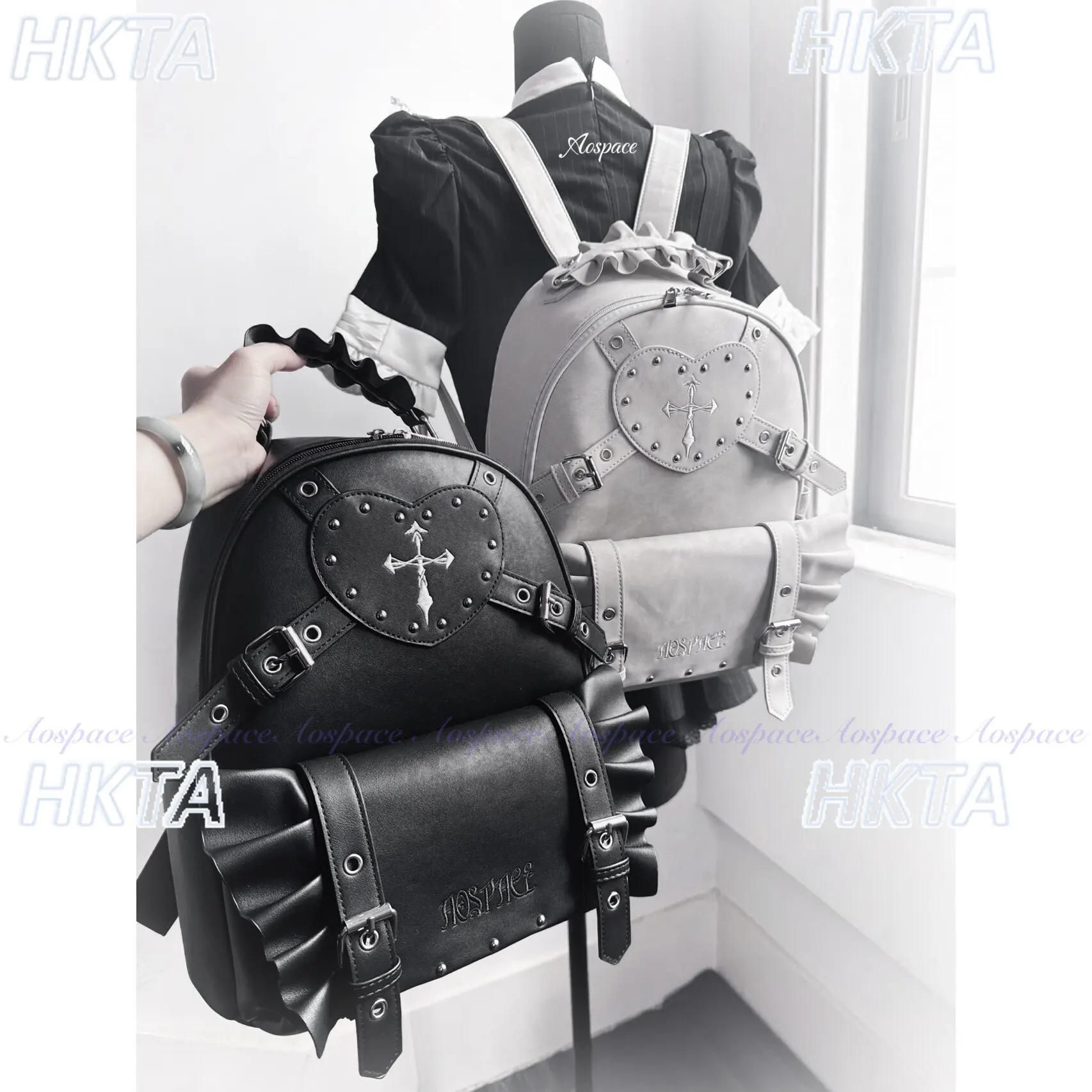

Subculture Sweet Cool Embroidery Love Pleated Lotus Edge Versatile Backpack Goth Y2K Daily Large Capacity Rivets Black Bag Women