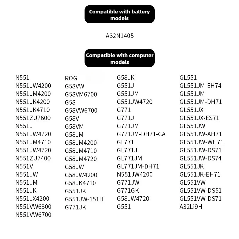 Brand New 5200mAh 10.8v A32N1405 Laptop Battery for ASUS N551JM N551JW N551Z N551J N551V N751 N771 G771JM G771JK G551J G58VM