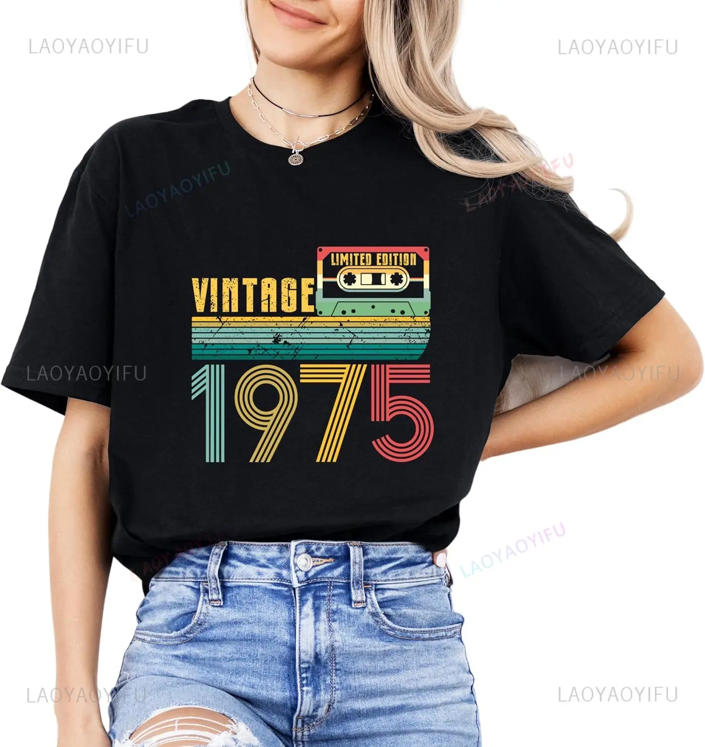 Vintage Tape Graphic 1975 Top, Unisex 50th Birthday Shirt Birthday Party T-shirt, 50th Birthday Gift Women's Cotton T-shirt